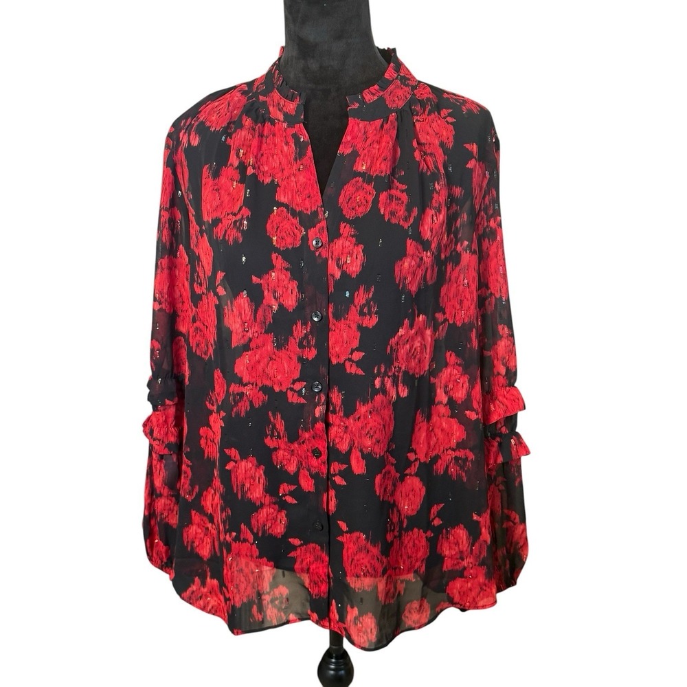 Chico's Rose Sheer Ruffle Blouse Size 3 (16) Red Black Dark Romantic Floral